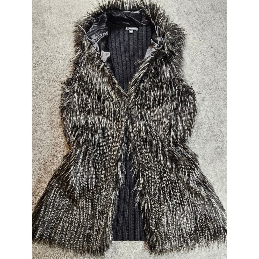 Adrianna Papell Women Black Faux Fur Ribbed Knit Back Longline Vest y2k festival
